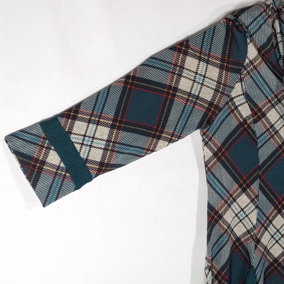 Robbie Bee Signature Sweater Dress Wm Lg Teal Plaid Cowl Turtleneck 3/4 Sleeve - Picture 9 of 12